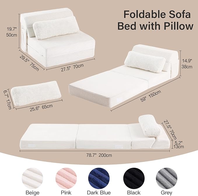 Folding Sofa Bed with Pillow Convertible Sleeper Chair Comfy Floor Futon Couch Mattress Lounge Sofa for Adults Portable Fold Out Chair Bed for Living Room Bedroom Single Beige