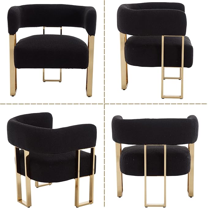 Modern Barrel Accent Chair with Golden Metal Legs Soft Sherpa Upholstered Reading Armchair Boucle Living Room Side Chair for Bedroom/Reception Room/Lounge/Office Black