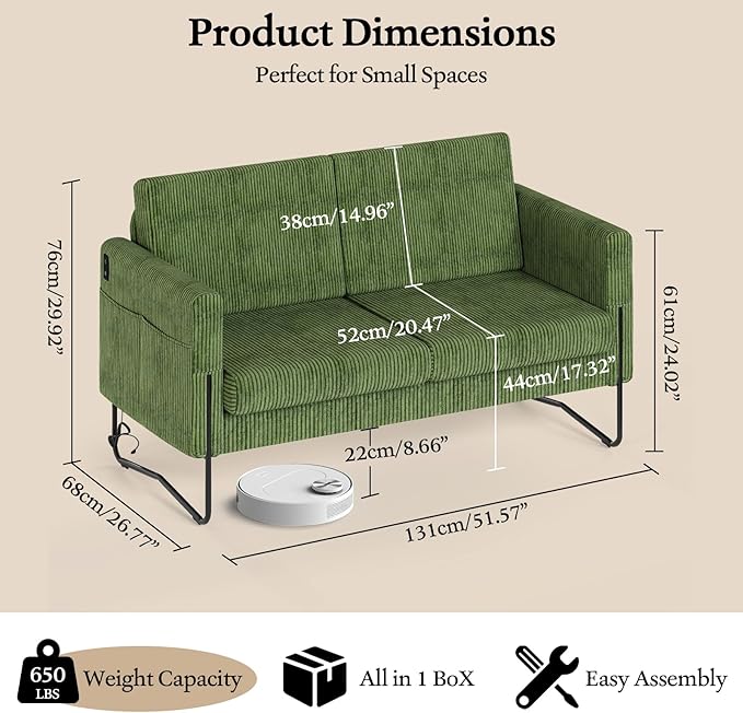 STHOUYN Small Green Love Seat Couches with USB Port &amp Side Pocket Small Loveseat for Small Spaces Mini Sofa for Bedroom 2 Seater Office Couch (Green)