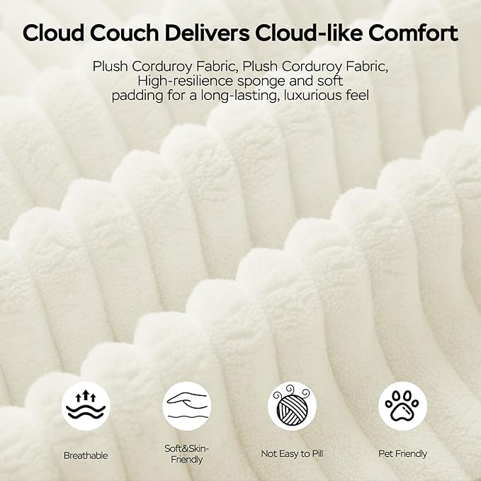 105 Modular Sectional Sofa L-Shaped Couch for Living Room Cloud Sofa with Deep Seat Memory Foam and Oversized Chaise Plush Corduroy Boneless Couches No Assembly Required White