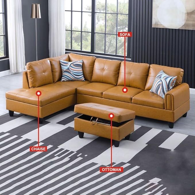 Ginger L-Shaped 3-Piece Faux Leather Sofa with Storage Ottoman Set Sectional Couch Sofa Set for Living Room Office Small Space