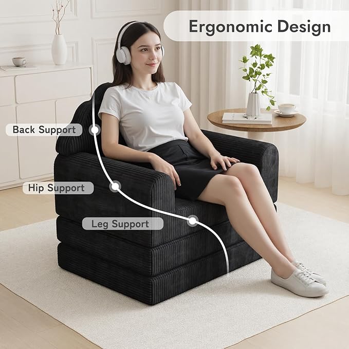 2-in-1 Folding Sofa Bed with Back Support 75 D x 34 W Convertible Futon Sleeper Chair for Adult Fold Out Bean Bag Floor Foam Lounger Couch for Living Room Bedroom Small Space Black