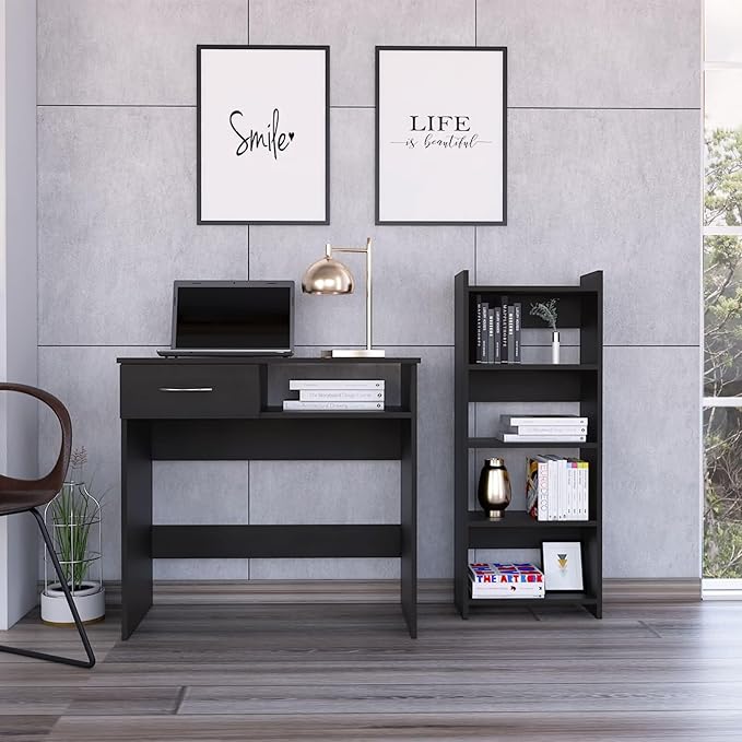 Home Office Desk Set Single Drawer Keyboard Tray Bookcase Black