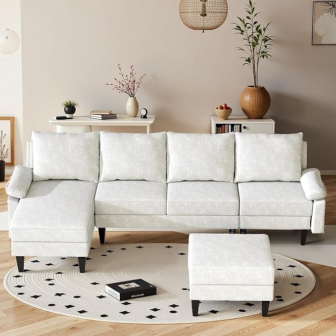 Sectional Couches for Living Room Convertible 4 Seat Modular Sectional Sofa Set for Living Room L Shaped Couch or U Shaped Couch with Ottoman for Apartment White