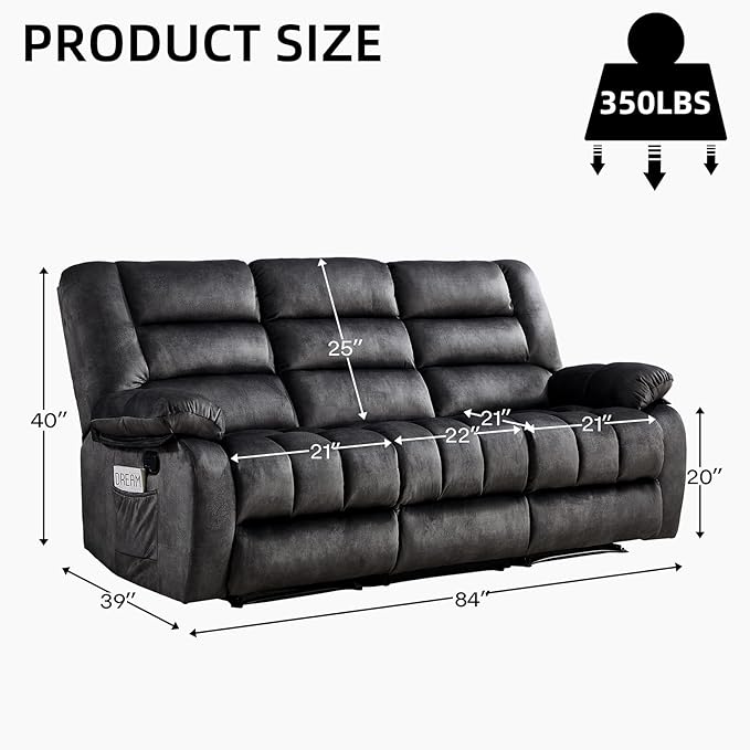EBELLO Recliner Sofa Flip Middle Backrest Design 3 Seat Recliner Couch Overstuffed Comfortable Armrest Manual Reclining Couch for Living Room Bedroom Furniture Grey (3 Seat Sofa)