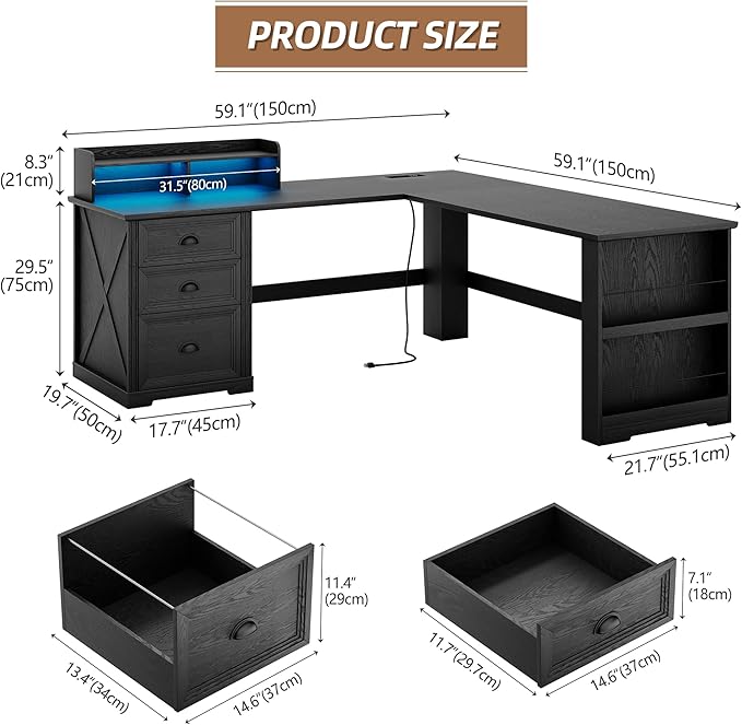 Executive L Shaped Desk with Monitor Stand 59 inch Farmhouse Corner Computer Desk with Power Outlets &amp LED Lights Home Office Desk with File Cabinet for Working Gaming Writing Black