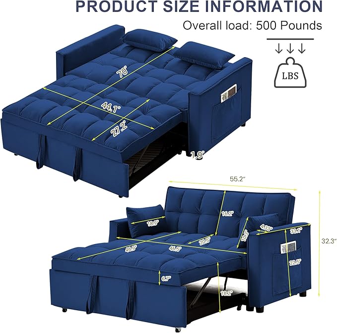 55.2'' Pull Out Couch 2-Seater Sleeper Loveseat 3-in-1 Reclining Sofa Bed Futon Adjustable Backrest with Pillows Pockets Couch for Living Room Apartment Lounge Blue