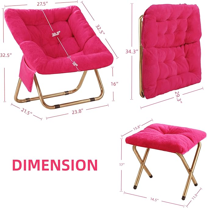Comfy Saucer Chair Foldable Living Room Chairs Soft Faux Fur Lounge Chair for Bedroom Reading Chairs for Adults Teens X-Large (Hot Pink)