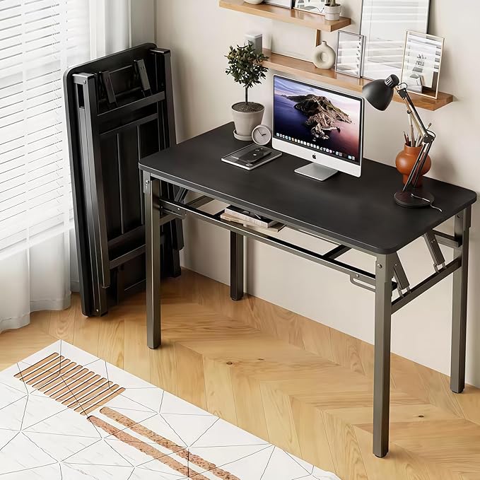 BYMECOST 39 inches Folding Computer Desk No Assembly Long Foldable Office Table Portable Large Foldable Home Office Desk No Install Activity Table Conference Table (Black 39.4)