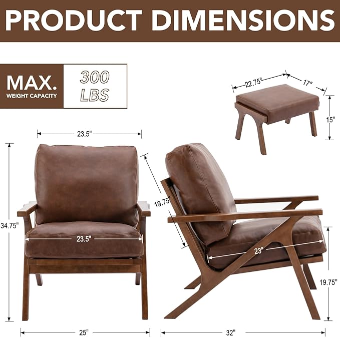 chairus Mid-Century Modern Brown Faux Leather Accent Chair with Ottoman Comfy Upholstered Lounge Armchair with Removable Cushion &amp Solid Wood Frame Retro Reading Chair for Living Room Bedroom Of