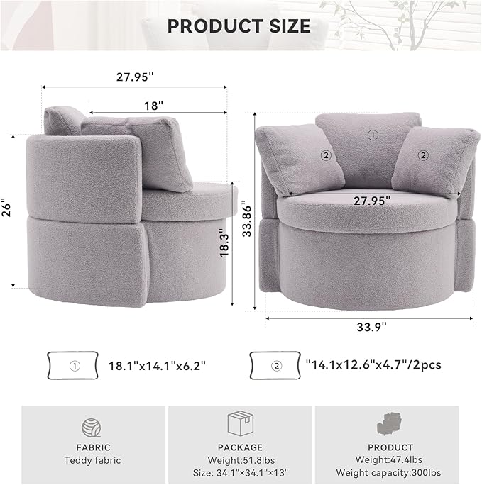FOXHUNTER Swivel Barrel Chair 360 Degree Swivel Round Storage Chair with 3 Pillows Oversize Teddy Swivel Accent Chair Comfy Single Sofa Chair for Nursery Living Room Bedroom (Light Gray)
