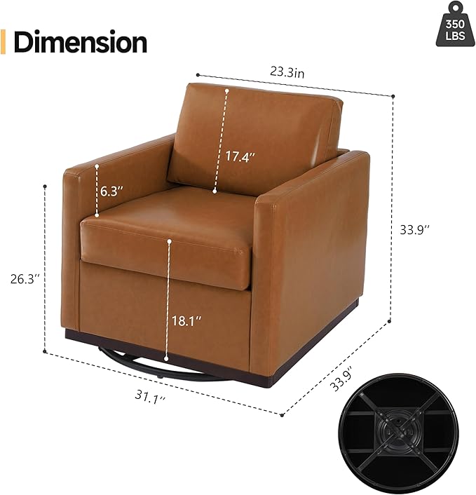 Pia Ricco Single Swivel Barrel Chair Modern Accent Armchair in Easy-Clean PU Leather Mid-Century Style for Living Room or Home Office Brown