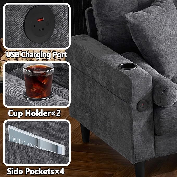 77 Grey L Shaped Couch with Storage Ottoman Chenille Small Sectional Couches with 2 Cup Holders &amp Charging Station for Small Space Comfy Cloud Sectional 3 Seater Couch (Grey)