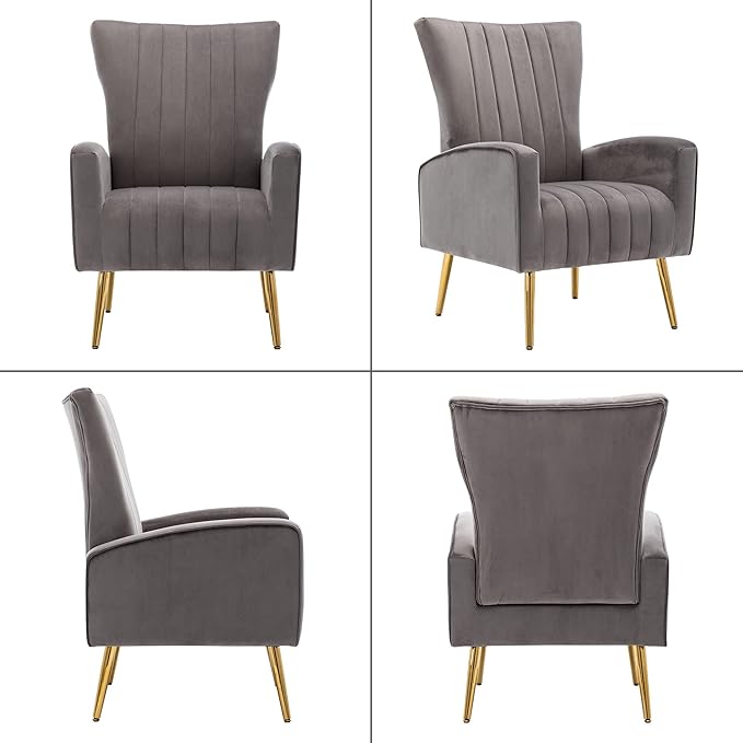 LSSPAID Velvet Accent Chairs Set of 1 Modern Fabric Upholstered Living Room Chairs Armchairs with Wing Back and Metal Legs Grey