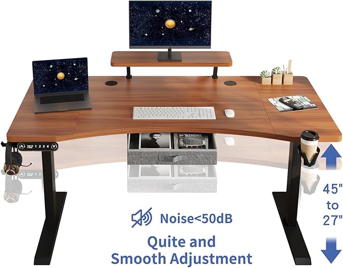 Dual Motor Standing Desk with Drawer 63x30 Inches Electric Height Adjustable Sit Stand Up Desk with Storage Shelf Home Office Desk Computer Workstation with Walnut Top/Black Frame