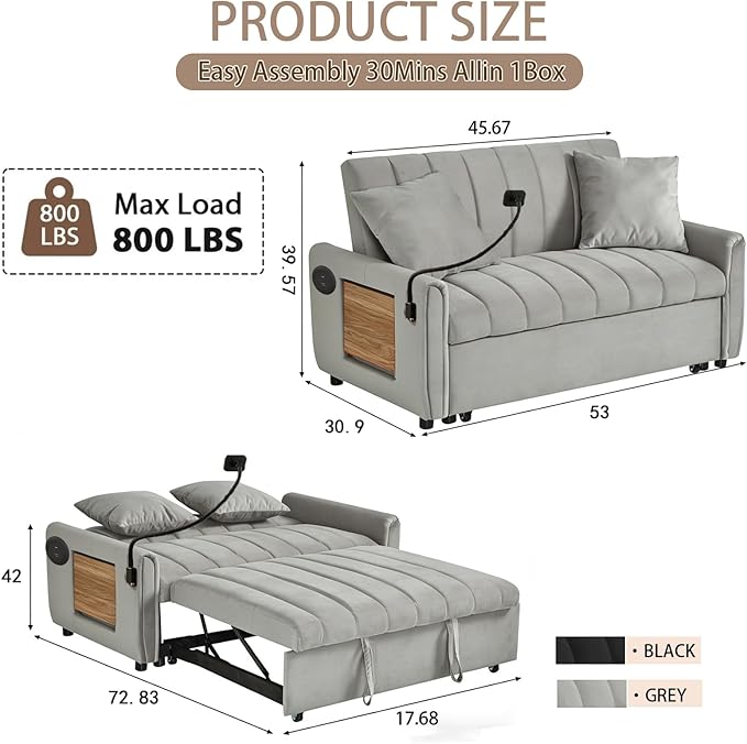 Convertible Velvet Sofa Bed with Pull-Out Bed &amp Side Storage Pockets Modern Sleeper Sofa for Living Room Apartment Small Spaces and Bedroom (Grey-2)