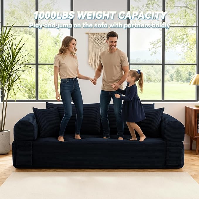 3 Seater Sofa Couch for Living Room (Navy Blue 38 D + 4 Pillows)