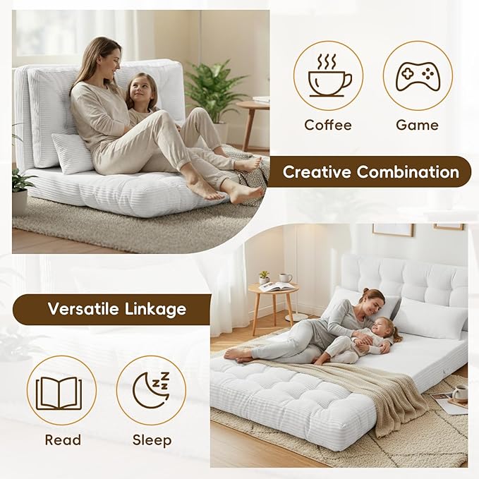 Convertible Sofa Bed 54x91 Inch Thick Tufted Folding Sofa Bed with 2 Pillows Folding Floor Loveseat Sleeper Couch Mattress for Small Spaces Living Room Bedroom and Adults White
