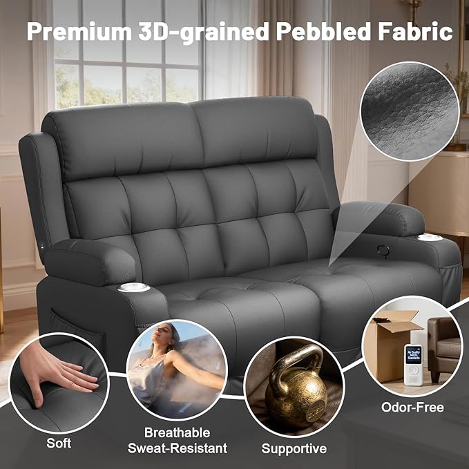 Reclining Loveseat Wall-Hugger Loveseat Recliner Design with USB/Type C Charging &amp Storage &amp Cupholder Pebble-Weave Fabric Recliner Sofa Couch for Living Room Home Theater &amp RV Use