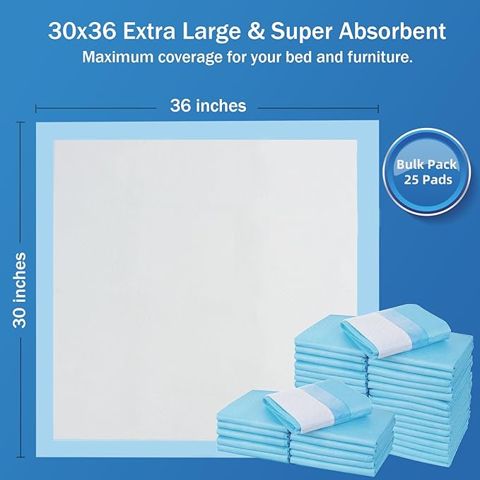 Bed Pads with Adhesive Strip 30x36 Thicken Elderly Adults Incontinence Underpads DisposableHeavy Duty Absorbent Chucks WaterproofXL Extra Large Puppy Pee Training Pad[25 Pads]