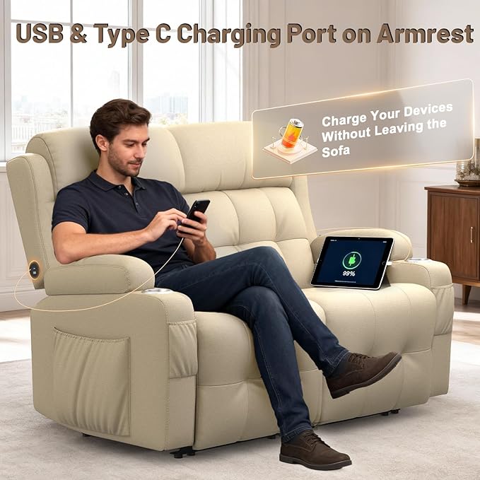 Reclining Loveseat Wall-Hugger Loveseat Recliner Design with USB/Type C Charging &amp Storage &amp Cupholder Pebble-Weave Fabric Recliner Sofa Couch for Living Room Home Theater &amp RV Use