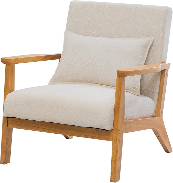UNICOO - Mid-Century Modern Accent Chair Fabric Reading Armchair Easy Assembly Lounge Chair for Living Room Bedroom (U202-1 Nature + Beige)