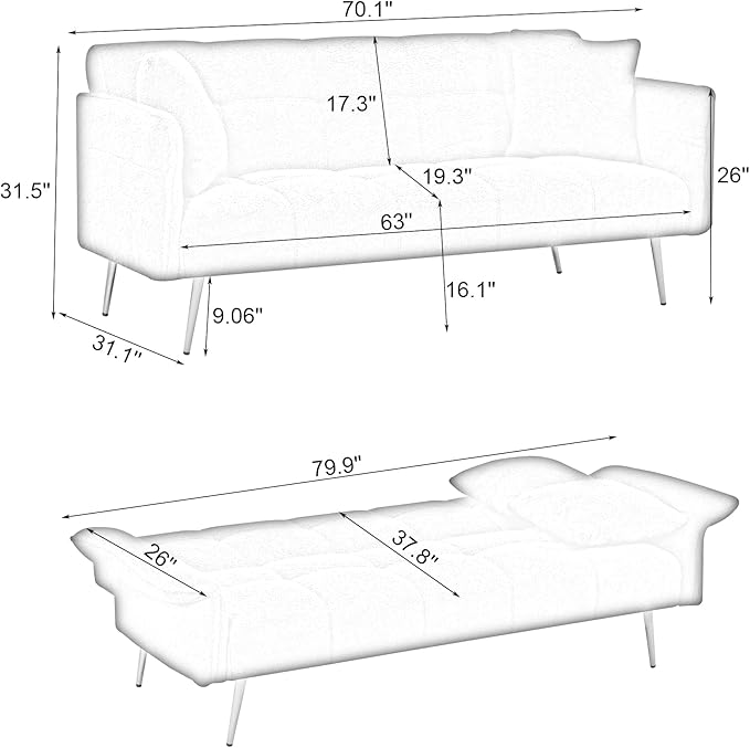 Convertible Sofa Bed Futon Couch Bed with Adjustable Arms and Backrest Modern Love Sofa with Gold Metal Legs for Living Room Bedroom (Teddy Fabric in Beige 70.1 Wx31.1 Dx31.5 H)
