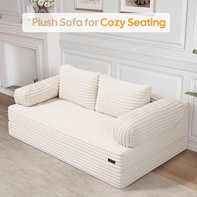 MeMoreCool Convertible Sofa Bed Folding Floor Couch Bed Queen Pull Out Sleeper Couch with Pillows Fold Out Futon Sofa for Bedroom Living Room Small Space Corduroy Beige
