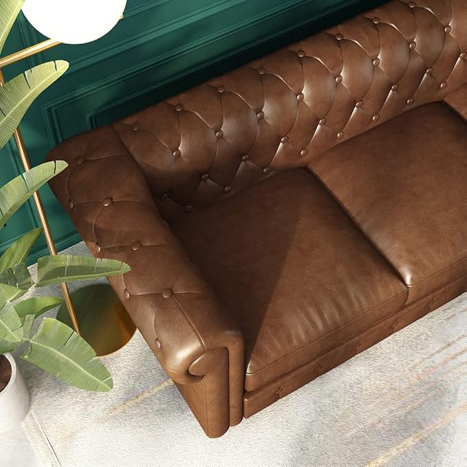 WILLIAMSPACE 88.2 Chesterfield Sofa Couch for Living Room 3 Seater Couches Upholstered Tufted PU Sectional Sofa for Office Apartment - Brown