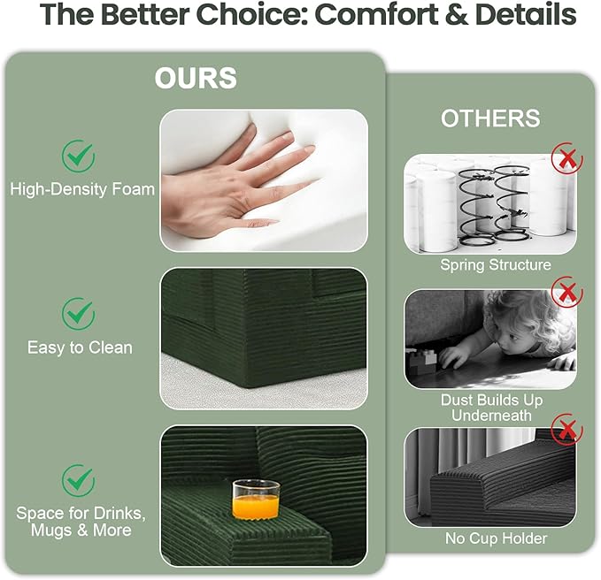 COMAX Futon Sofa Bed Boneless Loveseat Couch in A Box 67 L-Shaped Convertible Sofa Bed Corduroy for Living Room Fold Out Small Foldable Loveseat Foam with Movable Ottoman Floor Sleeper Green