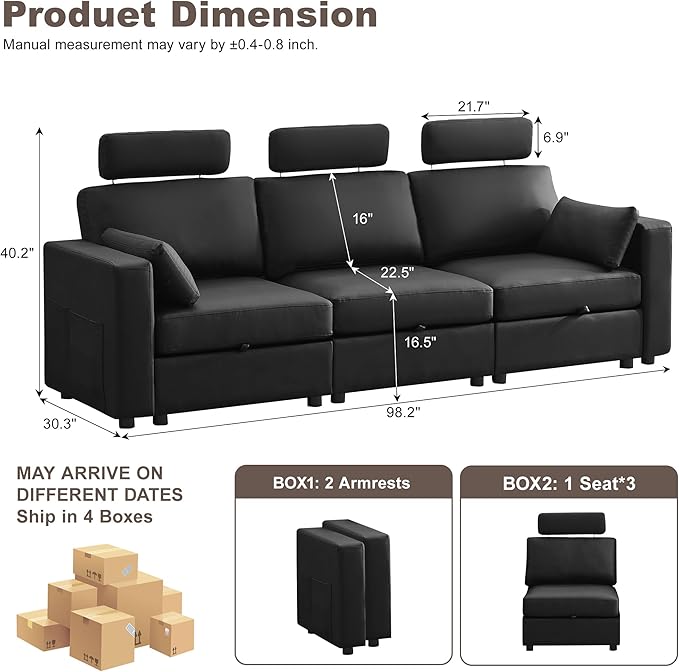 98.2 Oversized 3 Seater Storage Couch Faux Leather Modular Sectional Sofa with Headrest &amp Side Pockets Cloud Upholstered Couches Deep Seat Sofas for Living Room Apartment Small Spaces Black