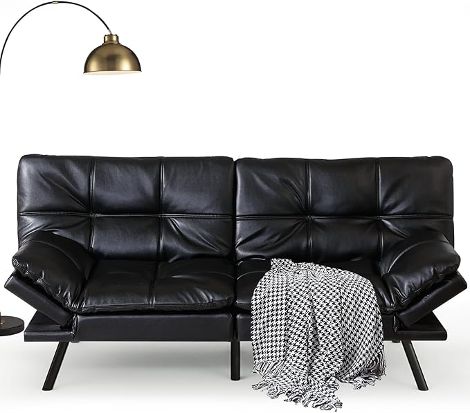 Opoiar Leather Futon Sofa Bed Convertible Memory Foam Foldable Couch Modern Sleeper Loveseat with Adjustable Armrests&ampBackrests for Small Spaces Office Studio Apartment Dorm Game Room