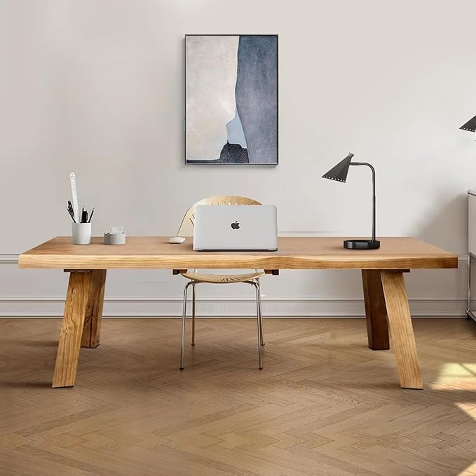 Solid Wood Desk 55 inches Live Edge Wooden Home Office Computer Desk Modern Simple Design for Writing Study Dining Gaming