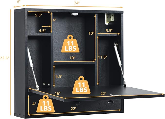 COSTWAY Wall-Mounted Computer Desk Floating Desk with Storage Drawer &amp Shelves Fold-up Desktop &amp Pneumatic Springs Ideal for Home Office Dormitory Small Spaces (Black)