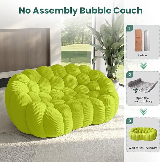 79.53'' Modern Bubble Sofa Love Seat Curved Couch Breathable Mesh Lazy Floor Sofa 3D Honeycomb Shape Bubble Couches for Living Room Office Apartment Small Space Fluorescent Green 2 Seater