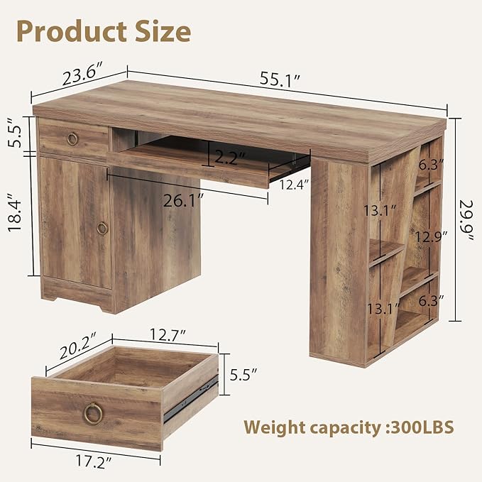 HSH 55 Inch Executive Office Desk with Drawers Farmhouse Computer Desk with Keyboard Tray and Storage Rustic Wood Work Study Writing Pc Table Studio Desks Home Workstation with Shelves and Cabinet