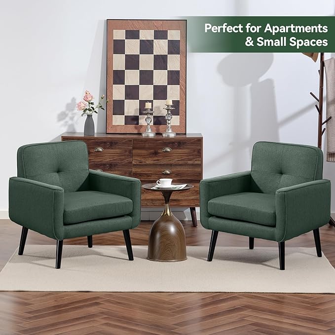 Mid Century Accent Chair Fabric Modern Chair with Wooden Frame Cozy Armchair Reading Chair with Comfy Back for Apartment Living Room Bedroom Waiting Room Small Space Corner Green