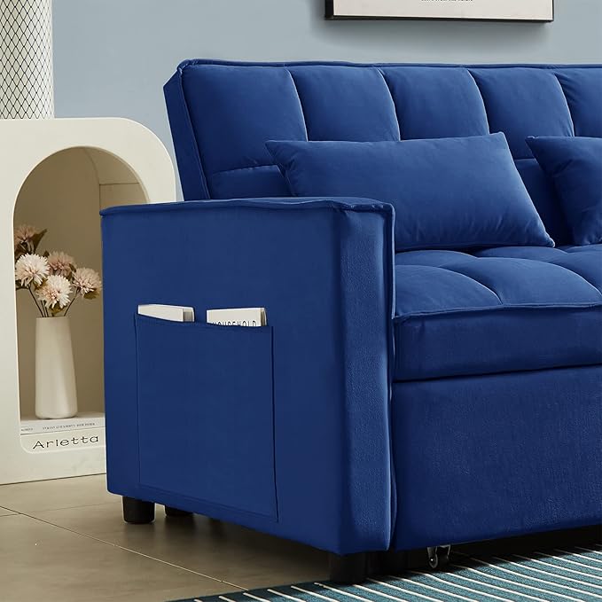 Sleeper Sofa Couch w/Pull Out Bed 55 Modern Velvet Convertible Sleeper Sofa Bed Small Love seat Sofa Bed with 2 Pillows &amp Side Pockets for Small Space Living Room Apartment Blue