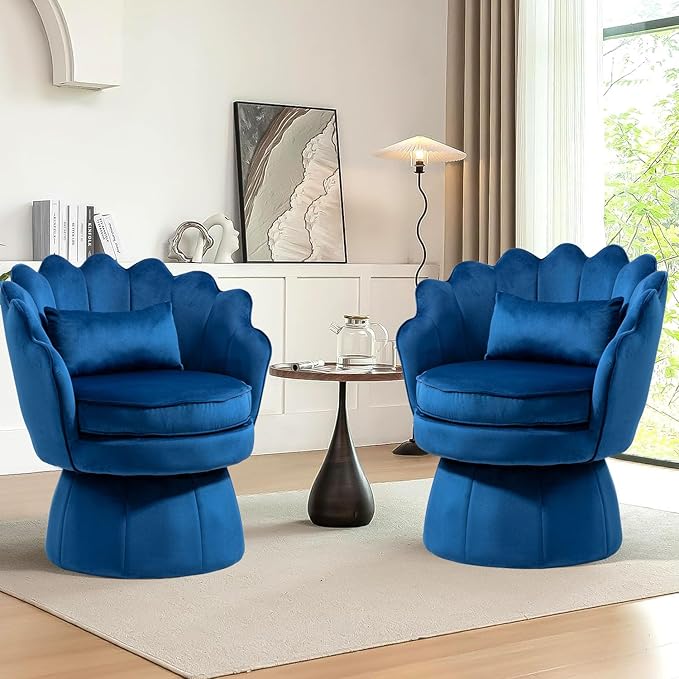 Swivel Barrel Chairs Set of 2 Small Accent Armchair Navy Blue Velvet Upholstered Mid-Century Modern Style for Living Room/Bedroom/Waiting Room for Relaxing &amp Reading Pillow Included