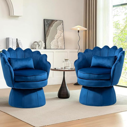 Swivel Barrel Chairs Set of 2 Small Accent Armchair Navy Blue Velvet Upholstered Mid-Century Modern Style for Living Room/Bedroom/Waiting Room for Relaxing &amp Reading Pillow Included