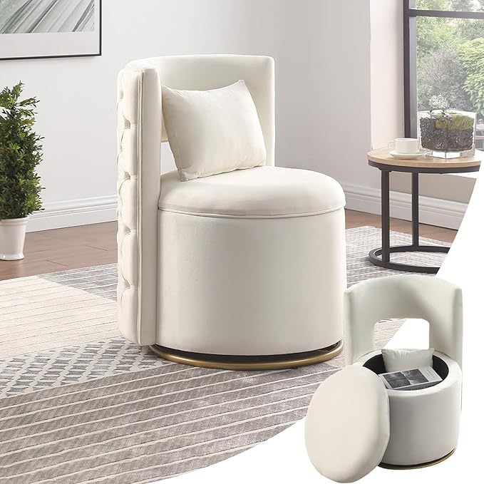 Swivel Barrel Chair 360° Swivel Vantiy Chair with Storage Modern Small Round Swivel Chair Velvet Curved Chair Accent Chair for Living Room Bedroom (Beige-Round)