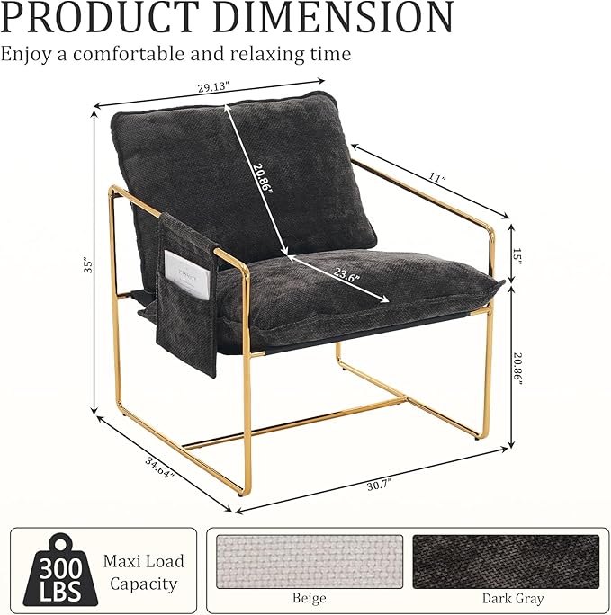 Modern Accent Chair Set of 6 Comfy Reading Armchair with Backrest and Metal Frame Upholstered Living Room Chairs for Bedroom/Office (Dark Gray Gold Legs Set of 6)