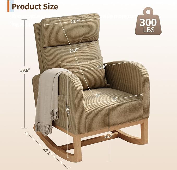 GarveeHome Corduroy Rocking Chair Modern Nursery Glider Chair with Side Pockets and Pillow Rocker Chair for Living Room Bedroom Nursing Room Brown