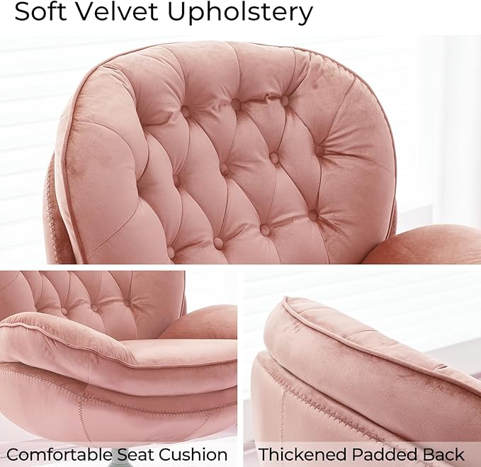 Velvet Swivel Accent Chair with Ottoman Set Modern Tufted Armchair with Footrest for Living Room Reading TV Chair for Adults Comfy Chaise Lounge Chairs with 360 Degree Swiveling for Bedroom Pink