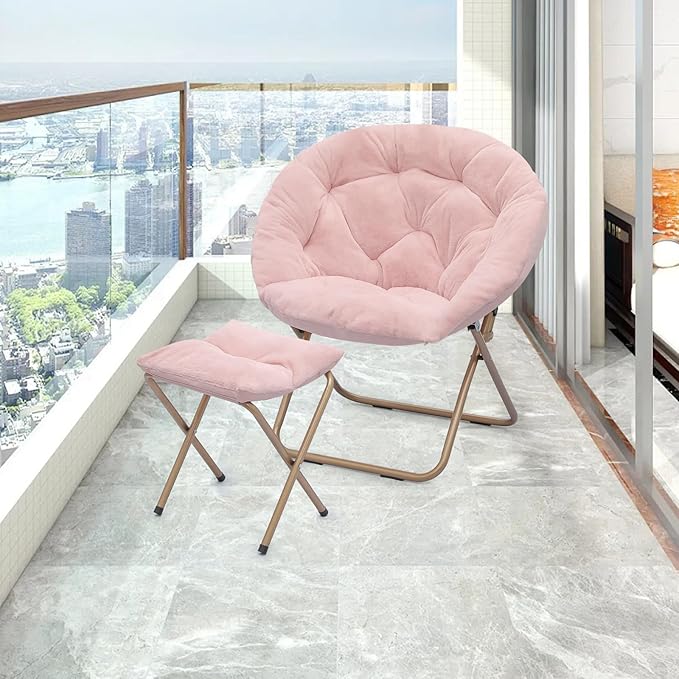 Athena Collection Round Saucer Chair with Ottoman Set for Adults Oversize Comfy Cozy Faux Fur Folding Reading Chair with Metal Leg Lazy Relaxing for Living Room Bedroom Dorm Apartment Pink