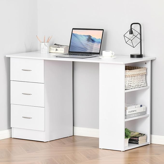 47 inches Modern Home Office Computer Desk Bookcase Combo Writing Table Workstation with 3 Drawer and Storage Shelf Modern Writing Desk Study Writing Table for Small Spaces White