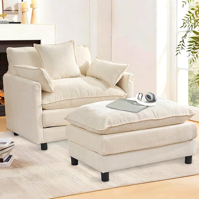 cinkehome Oversized Accent Chair with Ottoman Comfy Upholstered Armchair with Deep Seat Overstuffed Lounge Chair for Living Room Reading Nook (Beige Chenille)