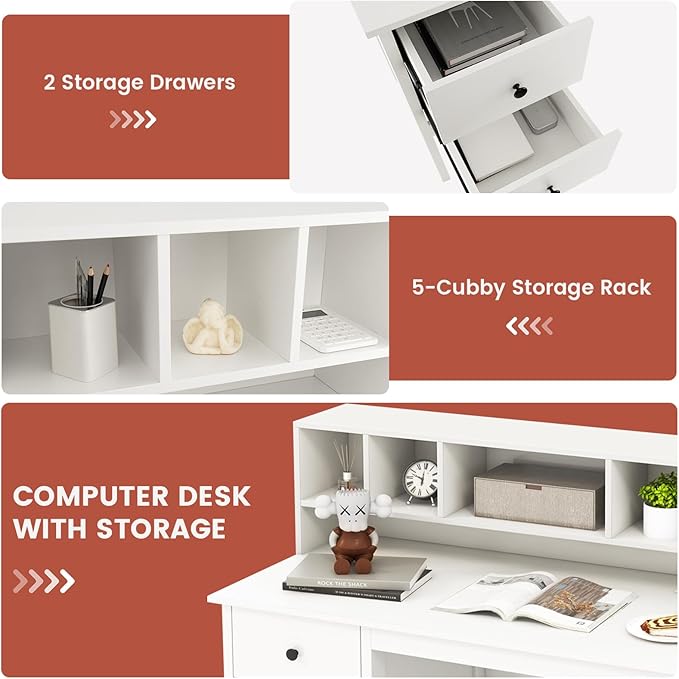 Tangkula White Desk with Drawers &amp Hutch Modern Home Office Desk Writing Study Desk with Charging Station Laptop Desk with 5 Storage Compartments Computer Workstation Makeup Vanity Desk
