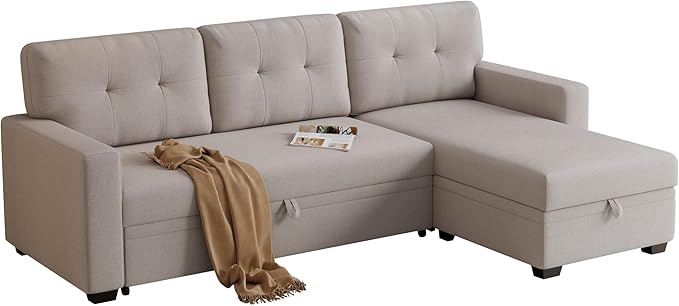 82 Sectional Small Sofa with Pull Out BedL-Shape Upholstered Sleeper Couch W/Storage ChaiseTufted Backrest Design3 Seat Linen Convertible Sofas for Living Room Apartment OfficeBeige