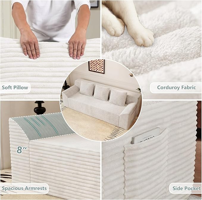 71 Cloud Loveseat SofaBoneless Deep Seat 2-Seater with 3 Pillows&ampSide PocketNo Assembly Foam Floor CouchPlush Corduroy FabricModern Living Room Sofa for Small Space (Tilted Armrest White)